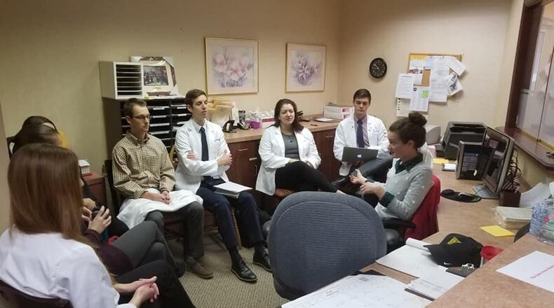 Wright State Medical and Psychology students (left to right) Sophia Proschel, Patrick Barney, Zachary Weed, Grace Overturf, Sam Perry, Lily White participate in a session on breathing relaxation techniques as part of OAHC’s Path to Wellness program. CONTRIBUTED