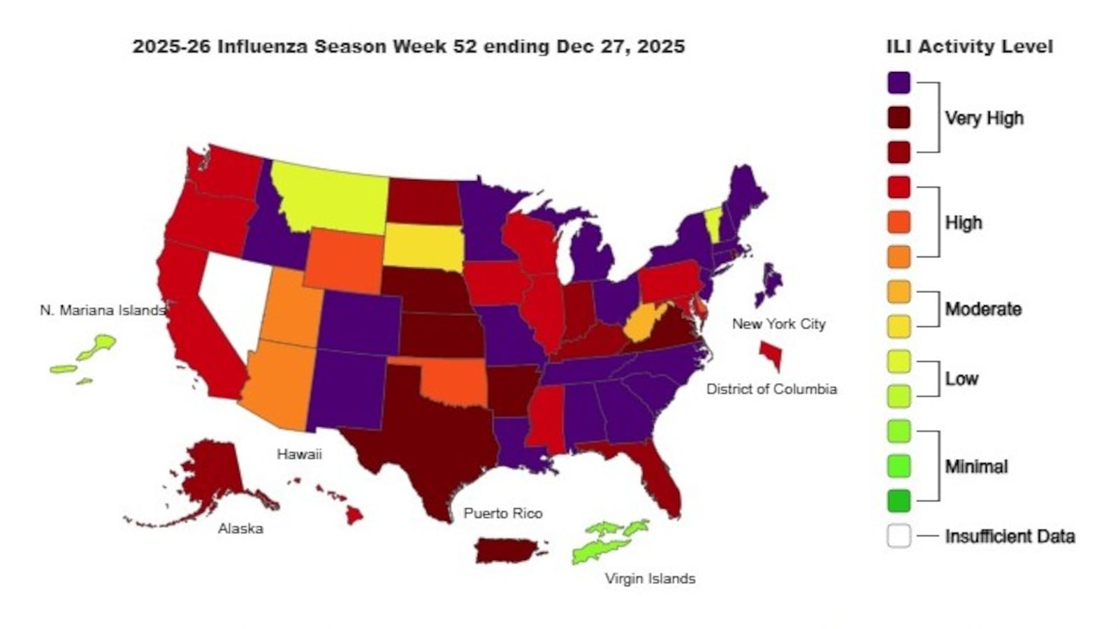 This is the weekly Outpatient Respiratory Illness Activity map from the CDC, for the week ending Dec. 27, 2025.