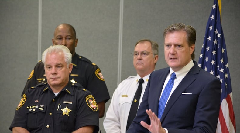 Rep. Mike Turner Speaks during a press conference alongside Montgomery County Sheriff Phil Plummer and other law enforcement officials whose offices responded to reports of an active shooter at Wright-Patterson Air Force Base on Aug. 2. Turner and law enforcement were briefed on the incident Wednesday by Col. Tom Sherman, 88th Air Base Wing and installation commander.