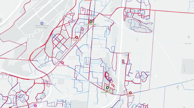 This map of Fairborn's bike trails shows which routes through the city are most commonly taken by those who walk and bike in the city. CONTRIBUTED