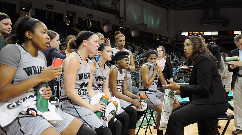 Wright State women’s basketball coach Katrina Merriweather talks to her team during a timeout vs. Oakland earlier this season. Tim Zechar/Contributed photo