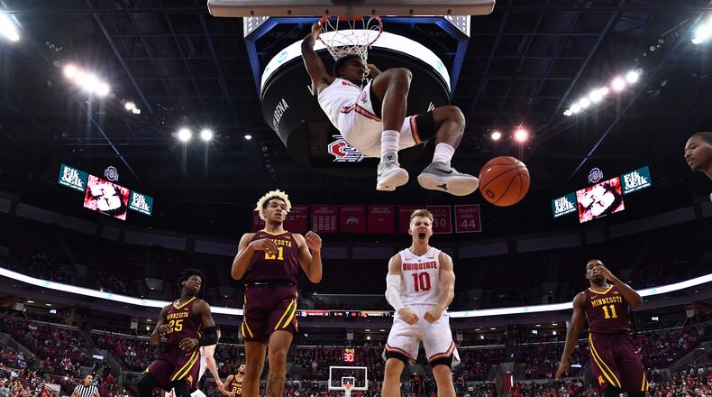 COLUMBUS, OH - DECEMBER 2: Musa Jallow #2 of the Ohio State Buckeyes finishes off a fast break with a dunk in the first half the Minnesota Golden Gophers on December 2, 2018 at Value City Arena in Columbus, Ohio. Ohio State defeated Minnesota 79-59. (Photo by Jamie Sabau/Getty Images)