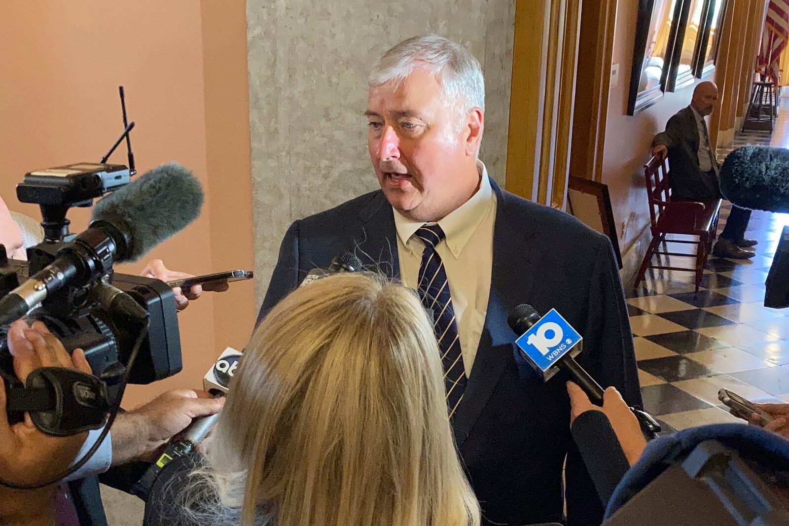 FILE - Former Republican Speaker Larry Householder speaks to the media immediately after his expulsion from the Ohio House on Wednesday, June 16, 2021, in Columbus, Ohio. (AP Photo/Andrew Welsh-Huggins)