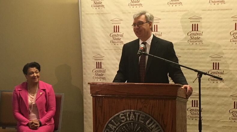John Carey, chancellor of the Ohio Department of Higher Education, speaks at Central State University. Carey visited CSU on Thursday to announce the school had been removed from fiscal watch. CSU president Cynthia Jackson-Hammond also spoke about the university’s improved finances.