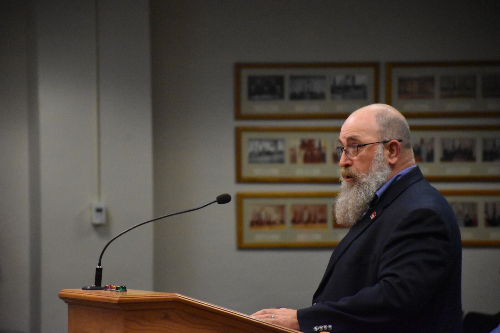 David Cox, executive secretary and treasurer of the Dayton Building and Construction Trades Council, speaks in favor of a Dayton ordinance that requires project labor agreements for some city projects. CORNELIUS FROLIK / STAFF