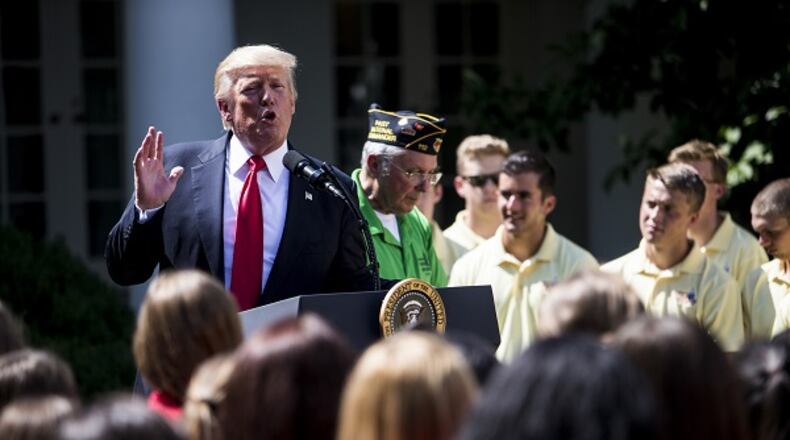 President Donald Trump speaks to boys and girls with the American Legion’s youth programs, in the Rose Garden at the White House in Washington, July 26, 2017. Trump’s declaration that transgender individuals would be barred from military service was met with surprise at the Pentagon, outrage from advocacy groups and praise from social conservatives on Wednesday. (Justin Gilliland/The New York Times)