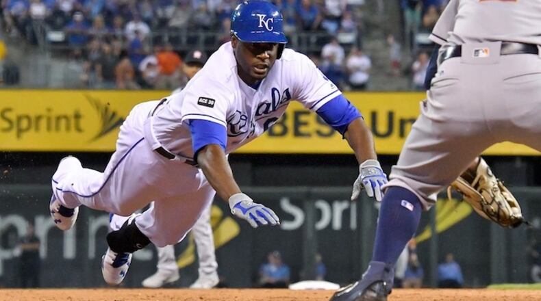 The Kansas City Royals' Lorenzo Cain reaches third on a triple in the seventh inning, the Royals' first hit of the game, against the Houston Astros at Kauffman Stadium in Kansas City, Mo., on Thursday, June 8, 2017. (John Sleezer/Kansas City Star/TNS)