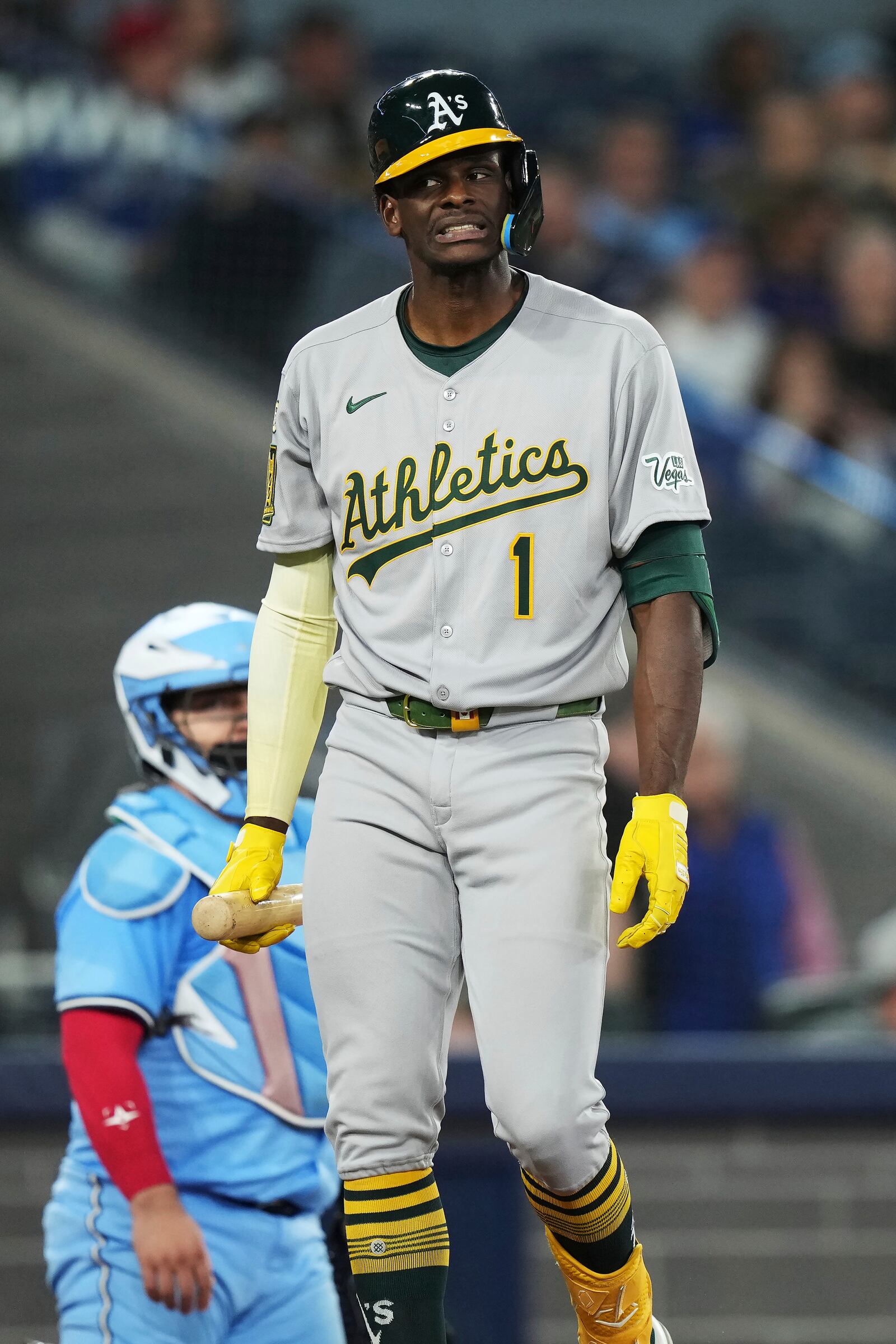 Athletics' Denzel Clarke (1) reacts after striking out against the Toronto Blue Jays during the seventh inning of a baseball game in Toronto, Thursday, May 29, 2025. (Nathan Denette/The Canadian Press via AP)