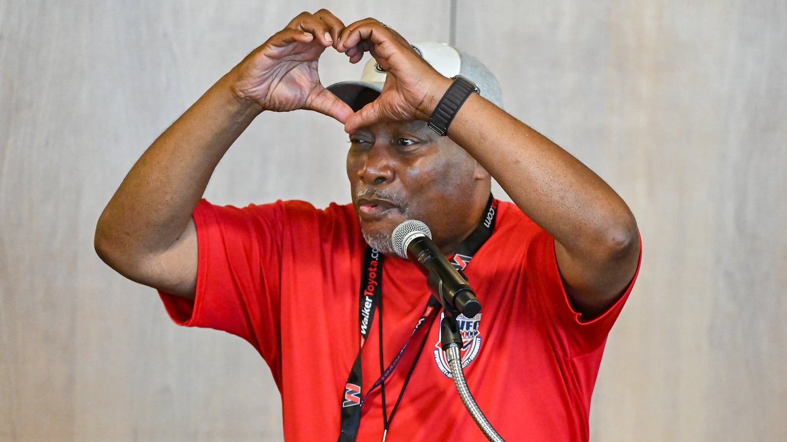 Alfred Powell speaks during a meet and greet between players at University of Dayton Arena during the Miami Valley Football Coaches Association's Social Justice 7-on-7 on Wednesday, July 9. BRYANT BILLING / STAFF