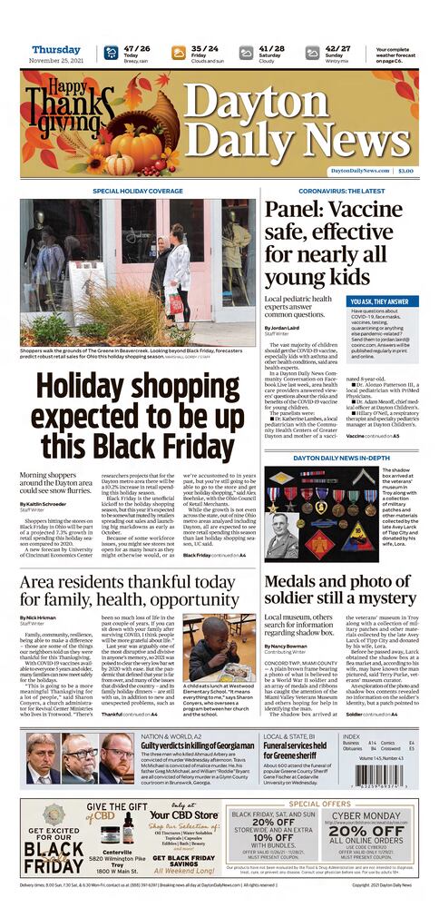 Thanksgiving Day front pages from the Dayton Daily News archives