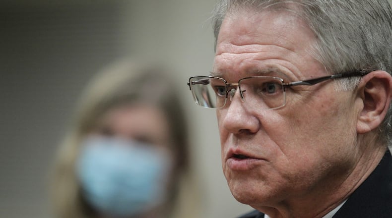 Dayton Police Chief Richard Biehl talks to the media Friday about the planned protest at the Dayton Federal Court Building on Second Street Saturday. JIM NOELKER/STAFF