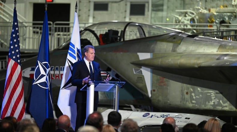 U.S. Rep. Mike Turner, seen in this May 24, 2025 photo speaking to attendees during the NATO Parliamentary Assembly spring session at the National Museum of the U.S. Air Force. Turner said Aug. 7 that he was able to secure waivers that protected civilian jobs at Wright-Patterson Air Force Base. Air Force photo by Ken LaRock.
