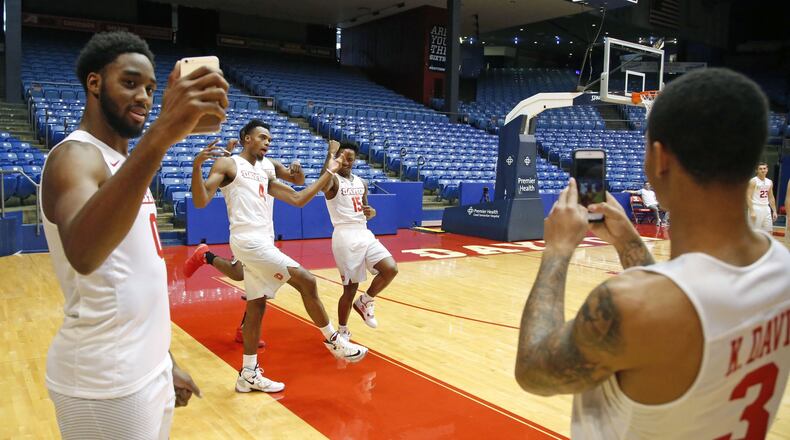 The University of Dayton Flyers Men’s Basketball Team unveiled their new uniforms on Tuesday during Media Day. The was no shortage of smiles and clowning as the season opener is less than a month away. TY GREENLEES / STAFF