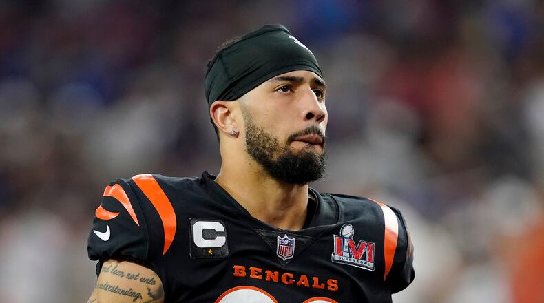 FILE - Cincinnati Bengals free safety Jessie Bates (30) walks on the field before the second half of the NFL Super Bowl 56 football game against the Los Angeles Rams Sunday, Feb. 13, 2022, in Inglewood, Calif. The Cincinnati Bengals on Monday, March 7, 2022, placed the franchise tag on safety Jessie Bates III, keeping him with the team for the 2022 season.(AP Photo/Steve Luciano, File)