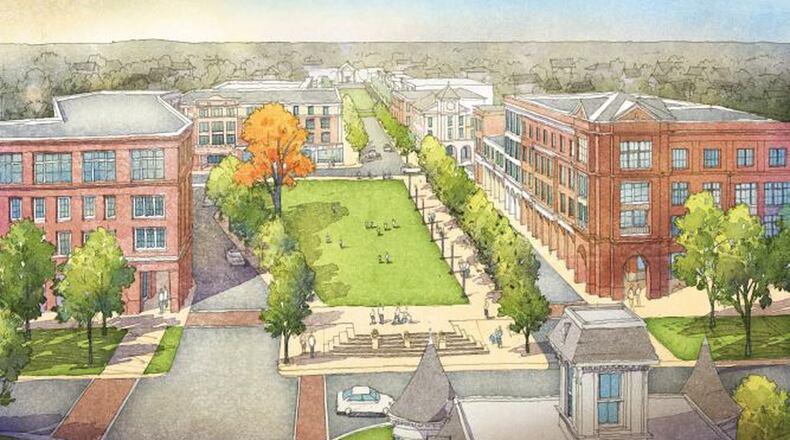 This rendering shows the view from atop Marble Hall, the oldest building on the Otterbein retirement campus in Warren County, looking across Ohio 741 at the downtown area of the Union Village development. Construction is to begin early next year here and on the other side of the 1,400-acre property on the Warren County Sports Park at Union Village.