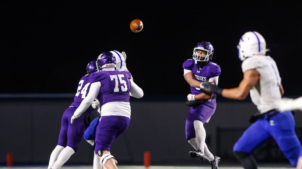 Middletown quarterback Joseph Ward passes the ball during their Division I State semifinal football game against St. Xavier Friday, Nov. 28, 2025 at Welcome Stadium in Dayton. The Bombers won 21-6. NICK GRAHAM/STAFF