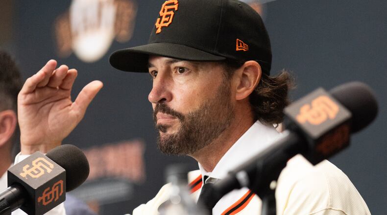FILE - Tony Vitello speaks as he is introduced as the new manager of the San Francisco Giants baseball team Oct. 30, 2025, in San Francisco. (AP Photo/Benjamin Fanjoy, File)