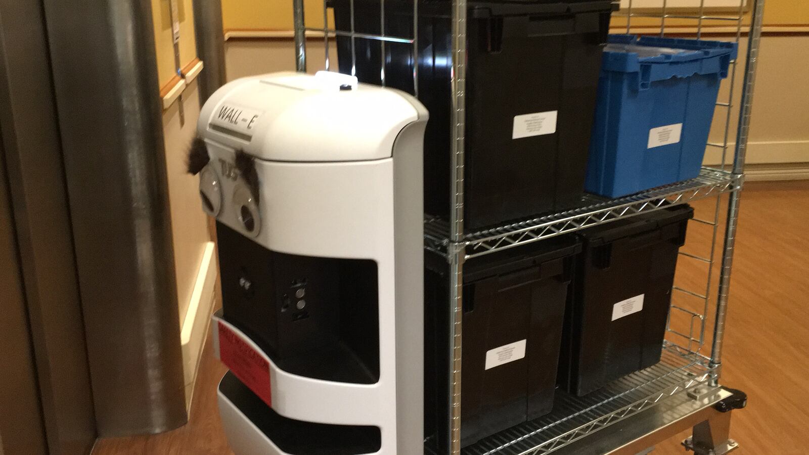 The TUG R2D2 waits for an elevator. The Robots were introduced to Kettering Hospital in January 2018.