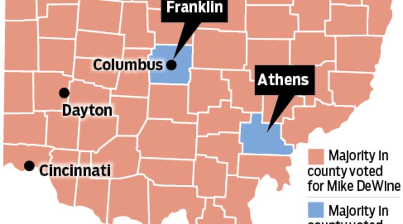 Republican Mike DeWine won 85 of Ohio's 88 counties in the November 2022 race for Ohio governor.