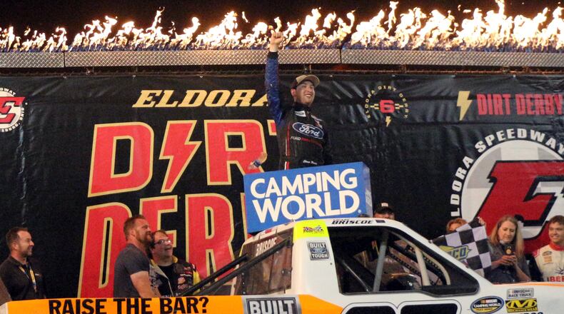 Chase Briscoe celebrates his win Wednesday night in a Camping World Truck Series race at Eldora Speedway. Greg Billing/CONTRIBUTED