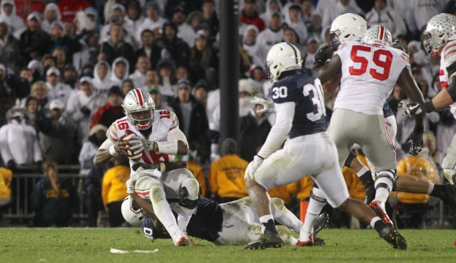 Penn State sacks J.T. Barrett on Ohio State’s last drive. David Jablonski/Staff