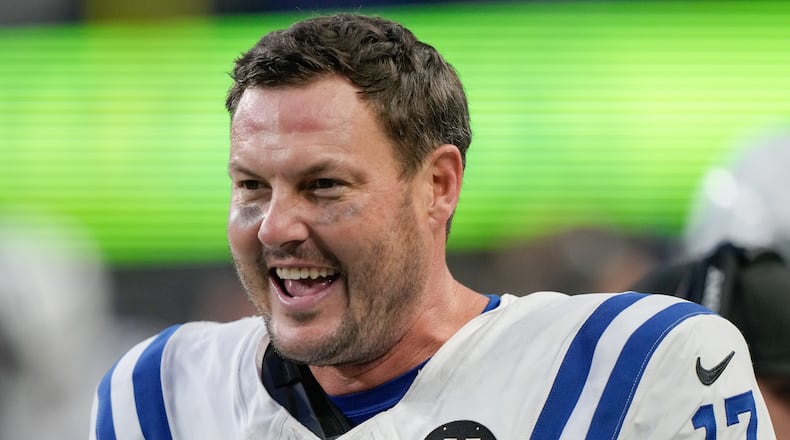 Indianapolis Colts quarterback Philip Rivers reacts during the second half of an NFL football game against the Seattle Seahawks, Sunday, Dec. 14, 2025, in Seattle. (AP Photo/Stephen Brashear)