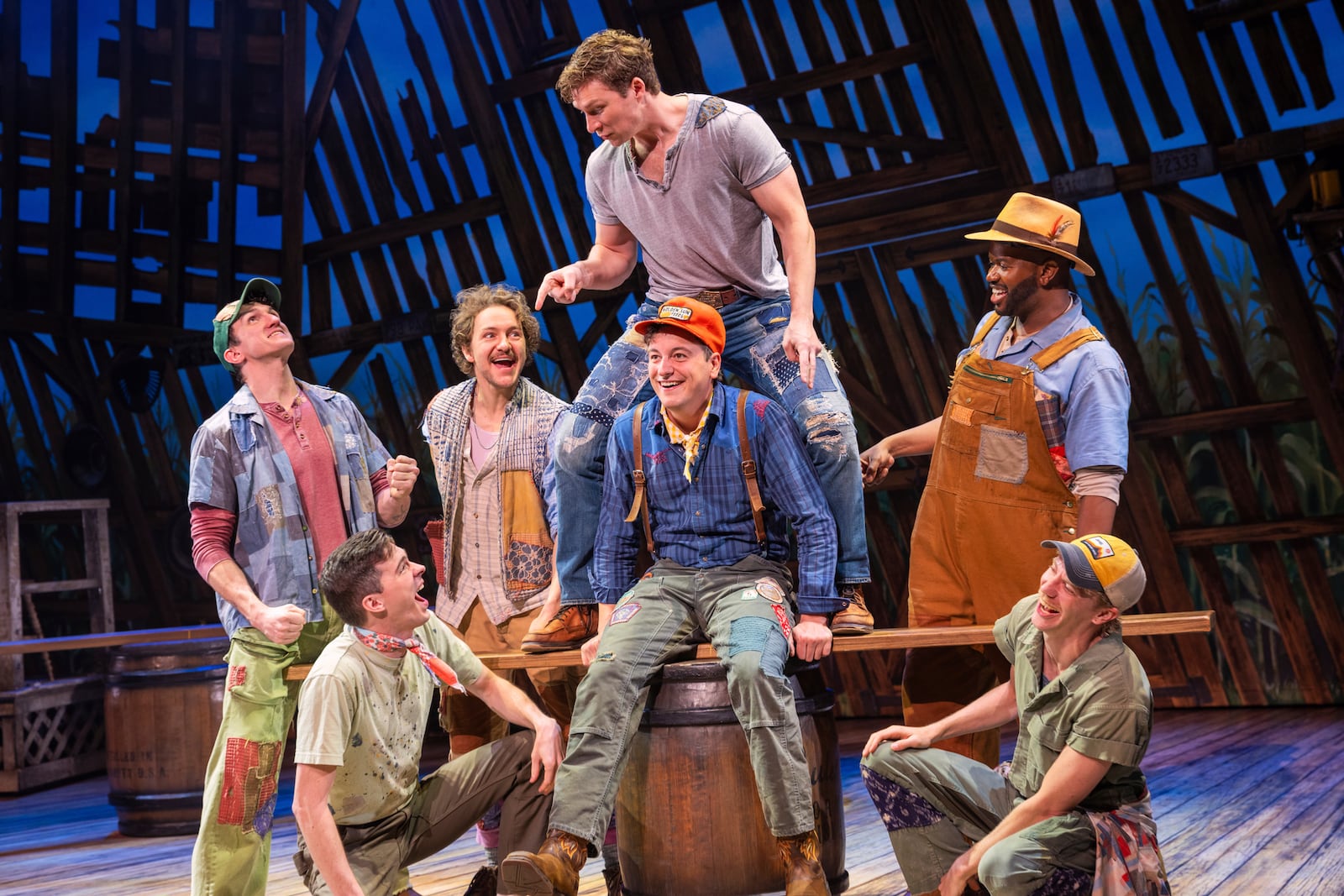 Zach Cossman (second row, far left) and the cast of the North American tour of "Shucked." Photo by Matthew Murphy and Evan Zimmerman