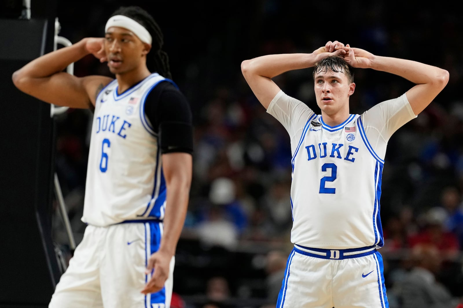 Duke forward Cooper Flagg reacts against the Houston during the second half in the national semifinals at the Final Four of the NCAA college basketball tournament, Saturday, April 5, 2025, in San Antonio. (AP Photo/Brynn Anderson)