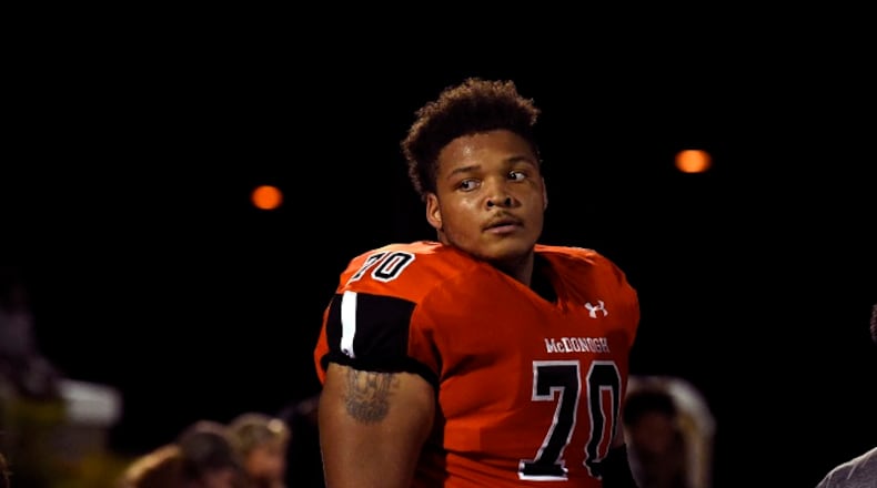 In a September 16, 2016, file image lineman Jordan McNair of McDonogh High School. Now with the University of Maryland, he died on Wednesday, June 13, 2018, two weeks after collapsing during a team workout. (Barbara Haddock Taylor/Baltimore Sun/TNS)