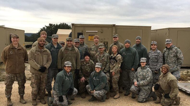 Medics, including 2d Lt. Erik Zlatkin, from across Wright-Patterson Air Force Base attend the Air Force Medical Service Expeditionary Medical Support training at the Medical Readiness Training Center at Camp Bullis, Texas. (Courtesy photo)