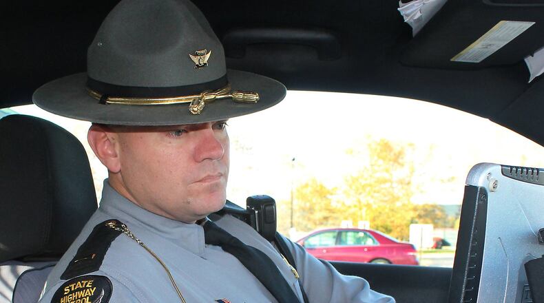 Lt. Brian Aller reviews a recent traffic stop on his in-cruiser computer. The Springfield Post of the State Highway Patrol has made arrests in double the number of felony cases so far in 2016 than they did in all of 2015. JEFF GUERINI/STAFF