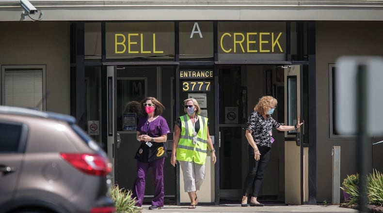 Staff at Bell Creek Intermediate School in Bellbrook prepare for end-of-day dismissal after the first day of classes on Monday, Aug. 17, 2020.