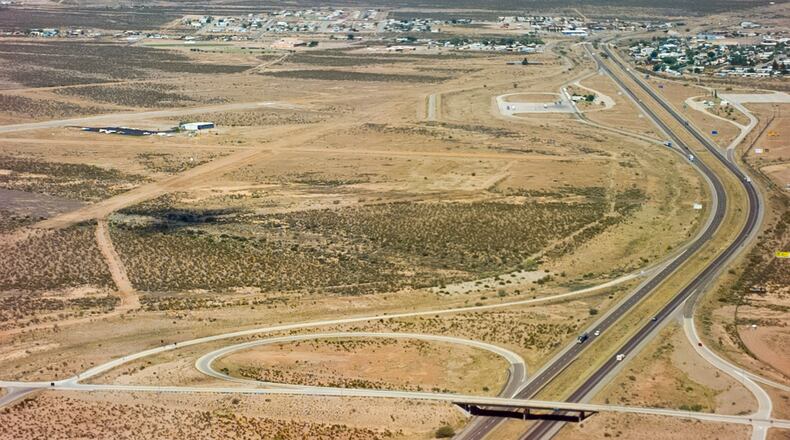 The Lordsburg Airport, center left at a bend in I-10, New Mexico, 1997.