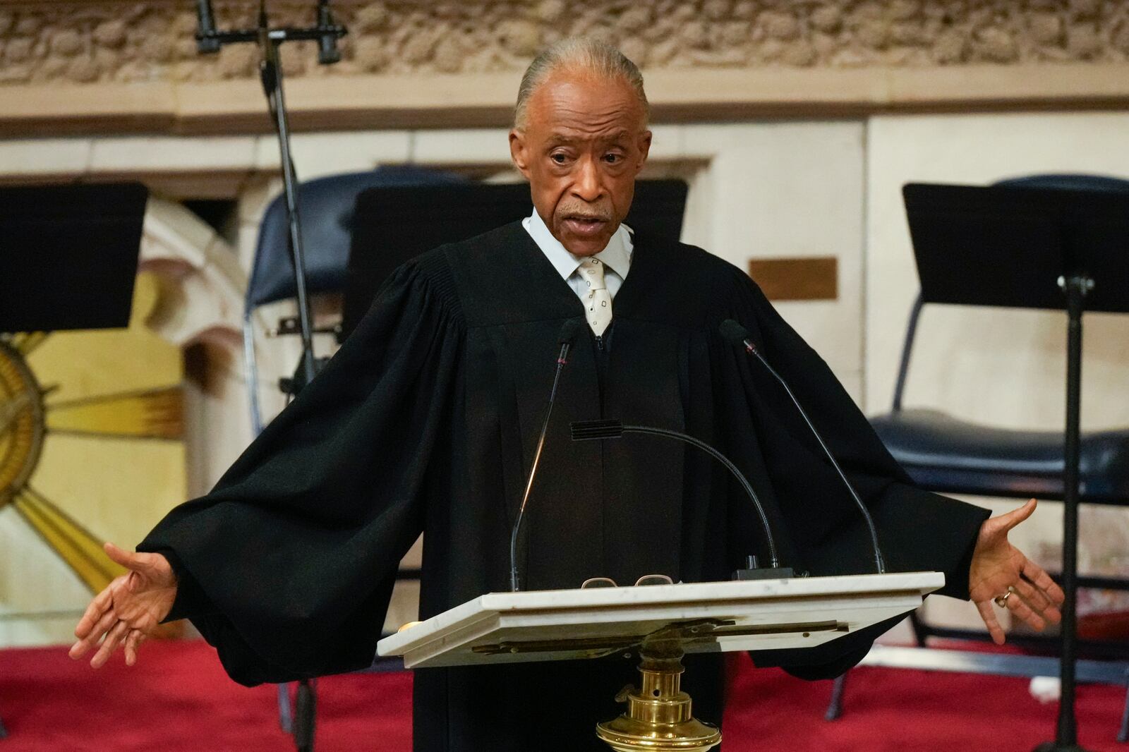 FILE - Al Sharpton speaks during a ceremony in celebration of Roberta Flack's life at The Abyssinian Baptist Church on Monday, March 10, 2025, in New York. (AP Photo/Richard Drew, File)