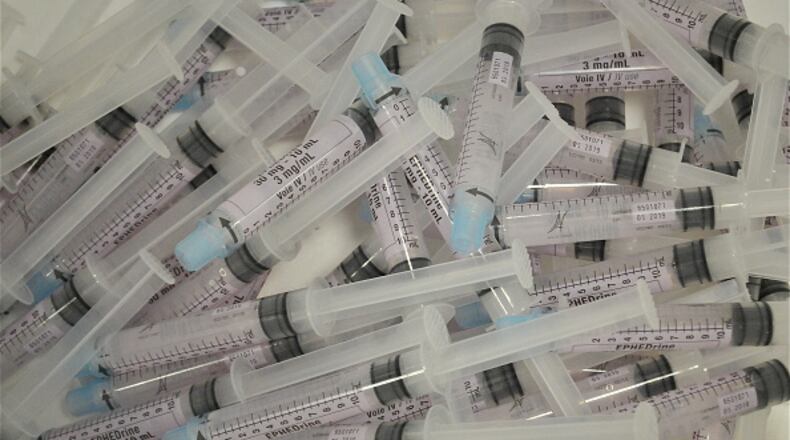 LYON, FRANCE - MAY 12: A view of Ephedrine syringes in a pre-packaging zone in laboratories at French pharmaceutical Group Aguettant on May 12, 2016 in Lyon, France. The laboratories are now operational in the district of Gerland after three years of work and 22M€ of investment. (Photo by Serge Mouraret/Corbis via Getty Images)