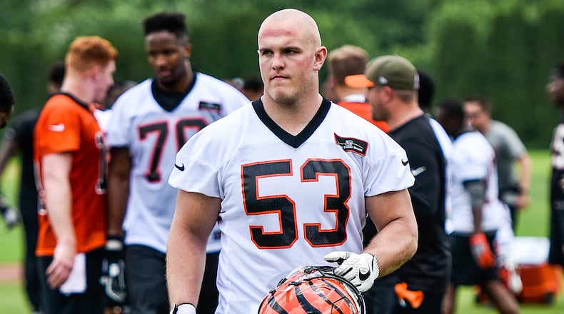 Bengals’ rookie center Billy Price walks on the field during organized team activities Tuesday, May 22 at the practice facility near Paul Brown Stadium in Cincinnati. NICK GRAHAM/STAFF