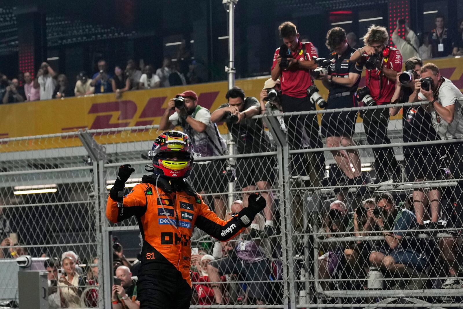 McLaren driver Oscar Piastri of Australia celebrates after winning the Formula One Saudi Arabian Grand Prix at the Jeddah Corniche Circuit in Jeddah, Saudi Arabia, Sunday, April 20, 2025. (AP Photo/Altaf Qadri)