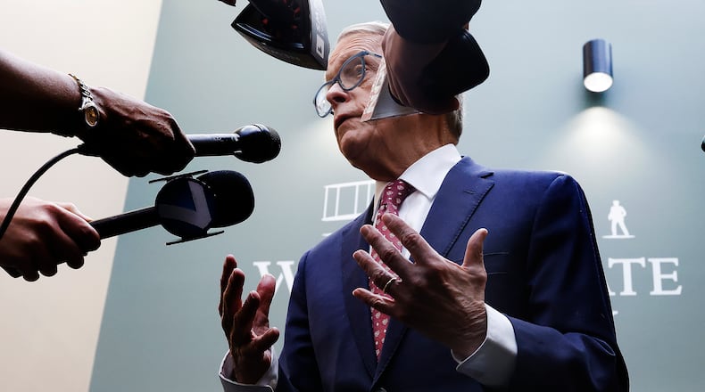 Ohio Governor Mike DeWine talks to the media Thursday, Jan. 30, 2025 at Wright State University. The Governor was at the university to speak at the The Workforce Equation: Why child Care Matters for Ohio Businesses. MARSHALL GORBY\STAFF