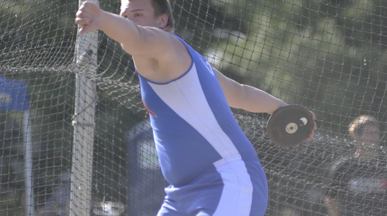 Northwestern junior Adam Riedinger won the discus. The first day of the D-II regional track and field meet was at Piqua on Thu., May 24, 2018. MARC PENDLETON / STAFF