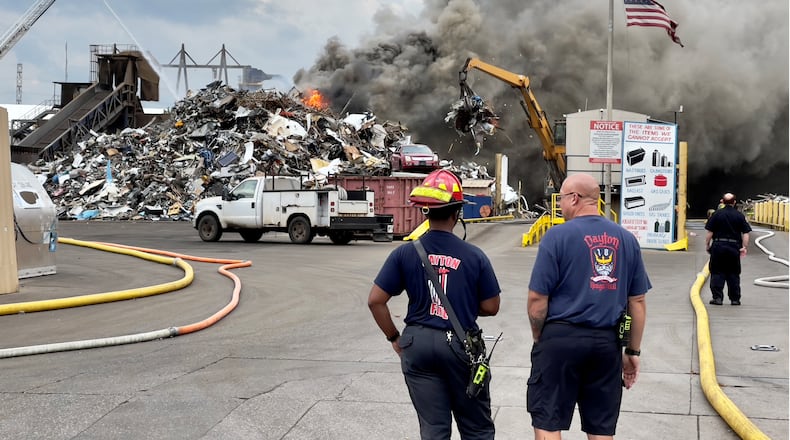 Fire crews responded to the Franklin Iron and Metal Corporation on E. 1st Street after a fire was found in a 100 to 150-foot scrap pile at the business. | LARRY C. PRICE/CONTRIBUTED