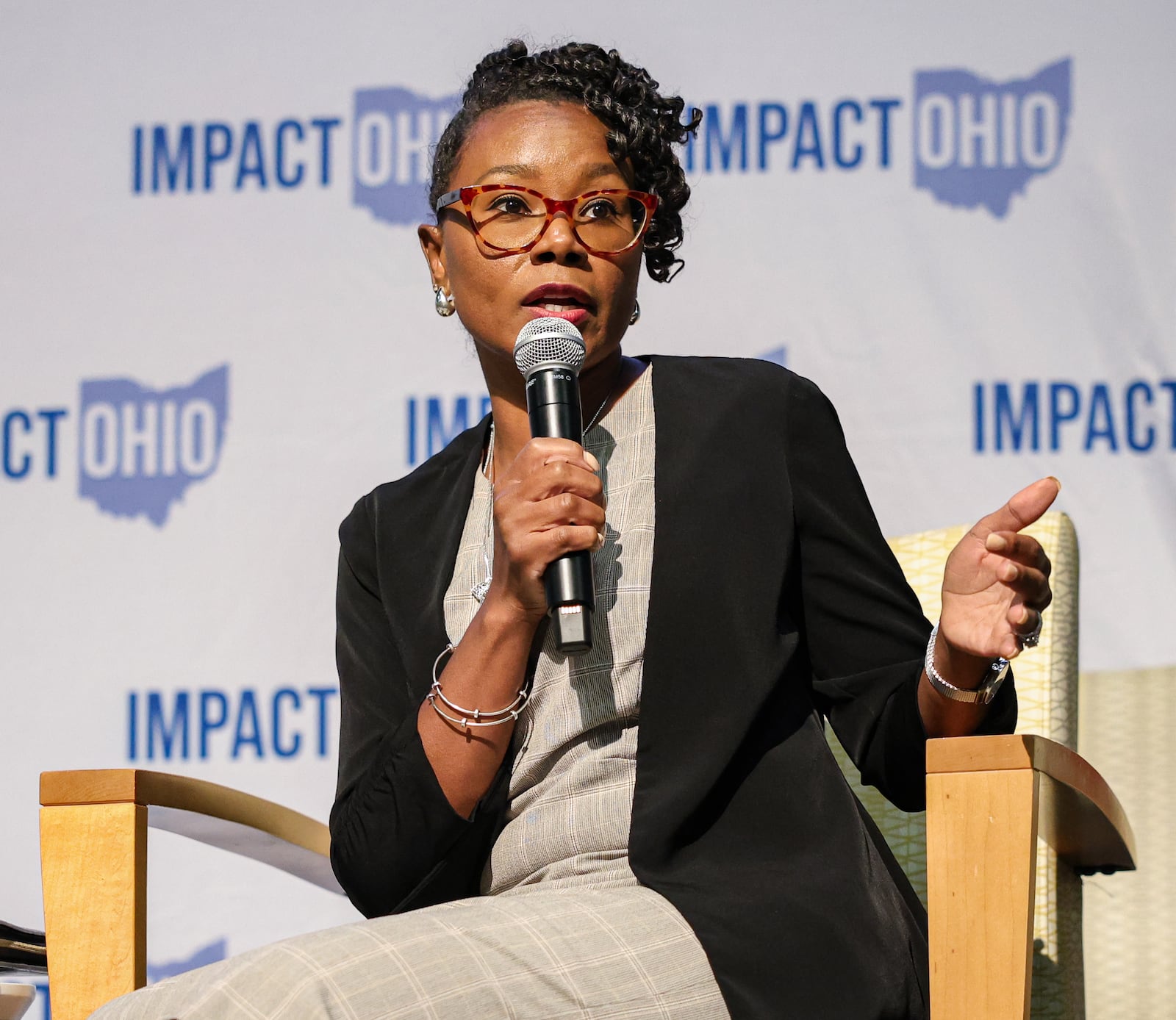 Dayton City Commissioner Shenise Turner-Sloss speaks during a panel in the Ohio Chamber's 2025 Dayton Regional Impact Ohio Conference on Tuesday, Aug. 26, in the Apollo Room in the Student Union at Wright State University. BRYANT BILLING / STAFF