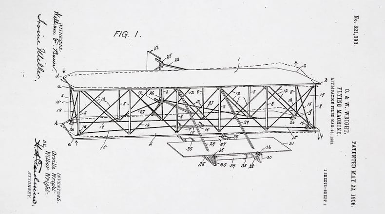 Orville and Wilbur Wright’s “Flying Machine” received a patent May 22, 1906. This is the first of three pages of illustrations that accompany the patent application.