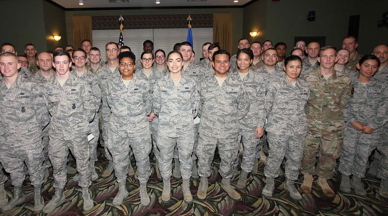 Team Wright-Patt’s newest enlisted promotees pose for a group photo following a promotion ceremony at the Wright-Patterson Club Oct. 31. (U.S. Air Force photo/Thomas Lewis)