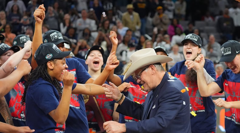 UConn head coach Geno Auriemma reacts after his team defeated Notre Dame in the Elite Eight of the NCAA college basketball tournament, Sunday, March 29, 2026, in Fort Worth, Texas. (AP Photo/LM Otero)