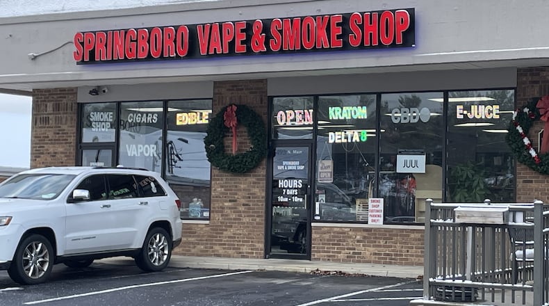 Springboro Vape & Smoke Shop on North Main Street is among the vaping businesses in the city. Springboro recently extended a moratorium on the acceptance of any zoning, occupancy, or other permits or applications related to vape stores for six months. It approved a similar measure in September 2023 before extending it for the first time in June. NICK BLIZZARD/STAFF PHOTO