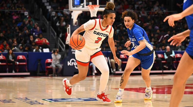 Dayton's Anyssa Jones looks to drive against Saint Louis at UD Arena on Wednesday, Feb. 8, 2023. Erik Schelkun/UD Athletics