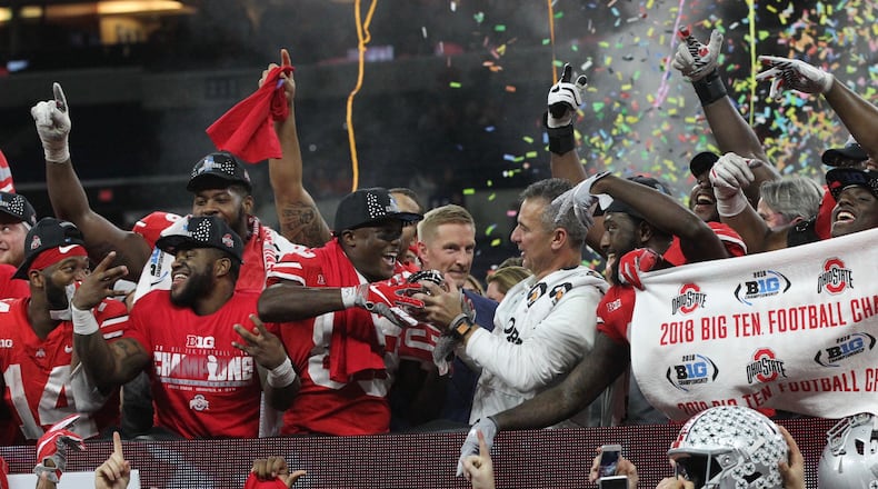 Ohio State celebrates a victory over Northwestern in the Big Ten Championship on Saturday, Dec. 1, 2018, at Lucas Oil Stadium in Indianapolis.