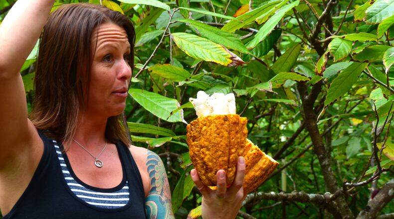 Lydgate Farms Tour guide Andrea Kiser shows off the inside of a cacao fruit. (Daniel Beekman/Seattle Times/TNS)