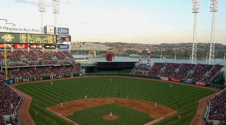 CINCINNATI - MARCH 31: Interior view of the Great American Ball Park, the Cincinnati Reds new home, facing the Ohio river during the opening day game against the Pittsburgh Pirates at Great American Ball Park on March 31, 2003 in Cincinnati, Ohio. The Pirates defeated the Reds 10-1. (Photo by Jonathan Daniel/Getty Images)