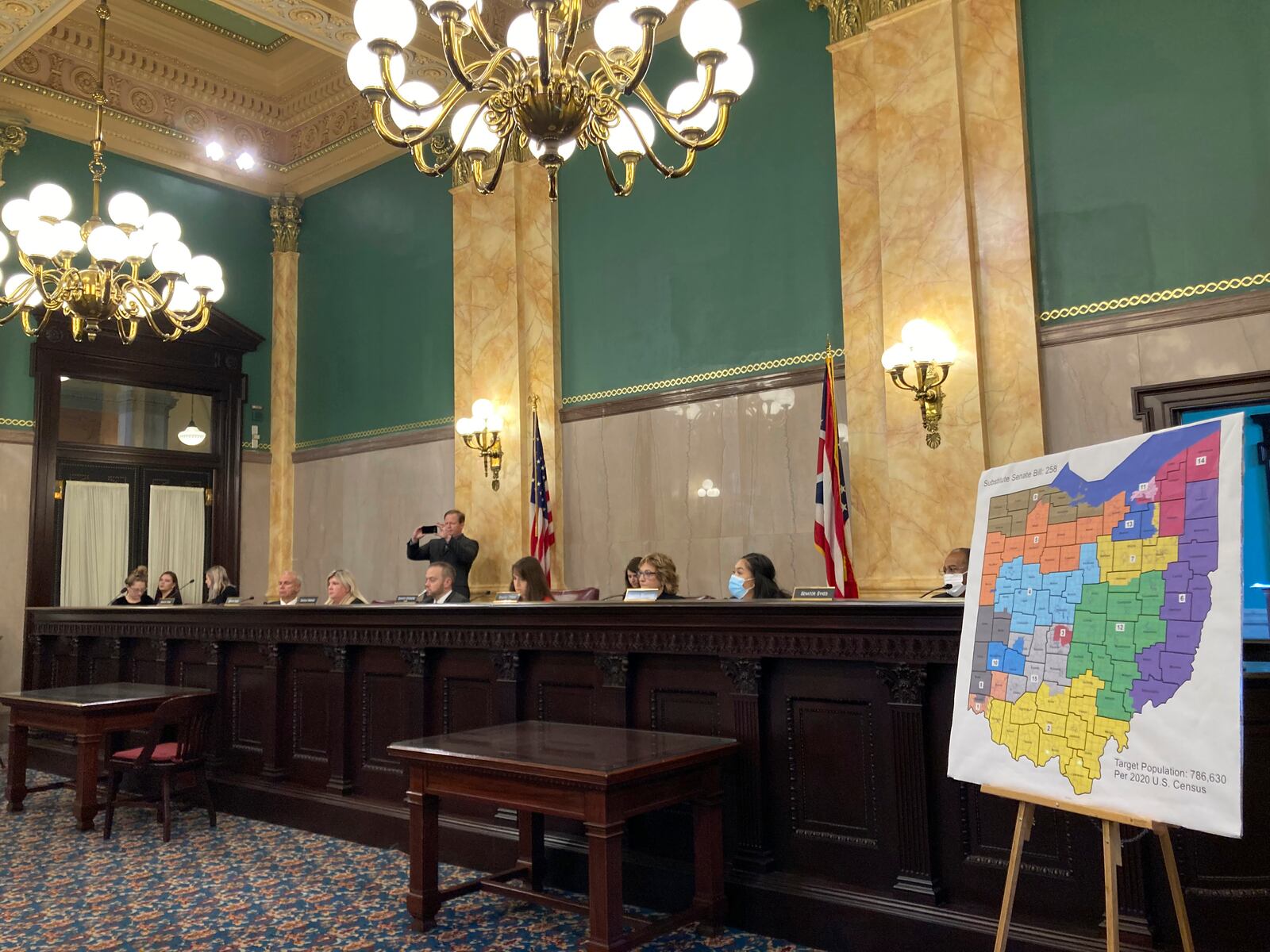 FILE—Members of the Ohio Senate Government Oversight Committee hear testimony on one of the new map of state congressional districts in this file photo from, Nov. 16, 2021, at the Ohio Statehouse in Columbus. (AP Photo/Julie Carr Smyth)